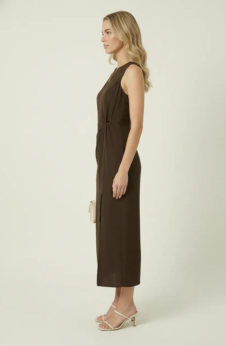 Modenaire Sleeveless Side Twist Front Slit Midi Dress, Alternate, color, Brown