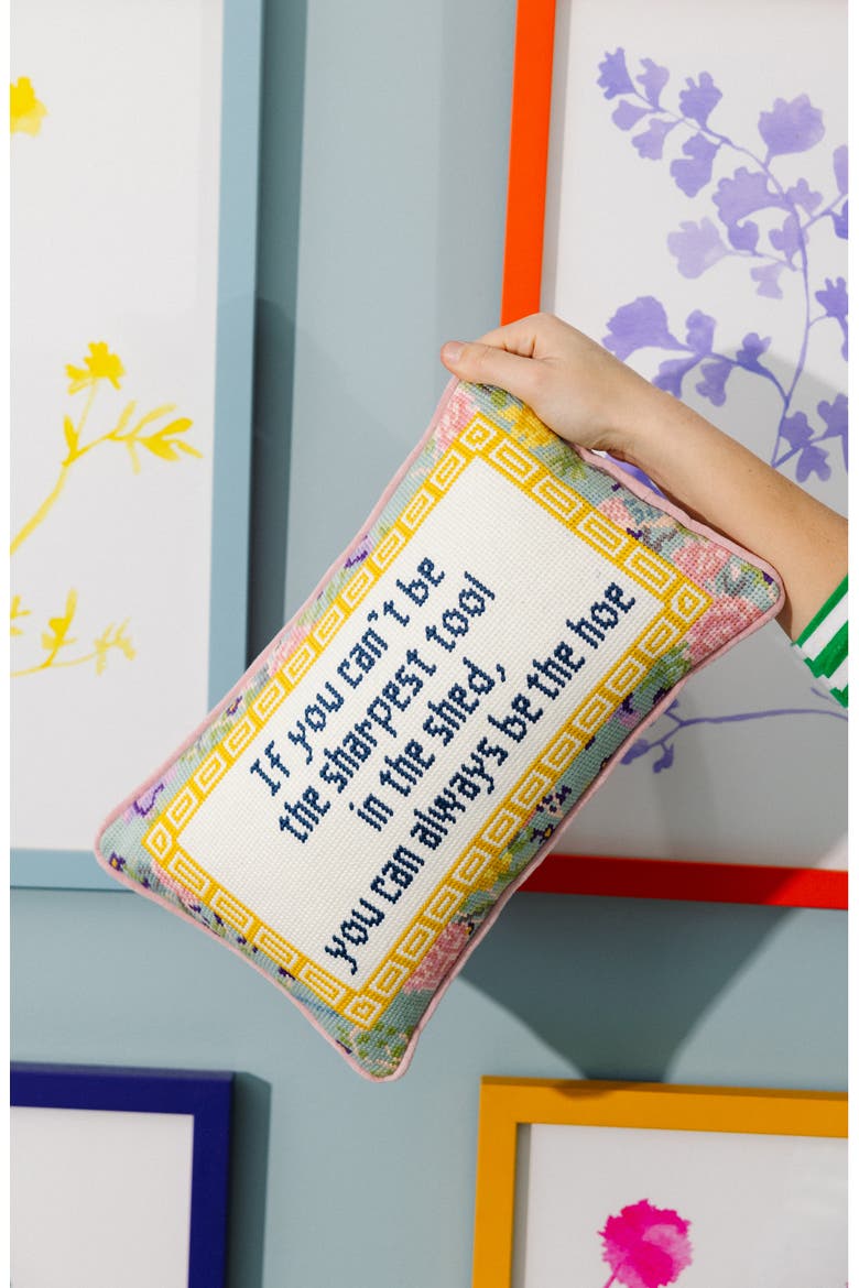 Sharpest Tool Needlepoint Pillow, Alternate, color, Coral Pink, Yellow, Ivory