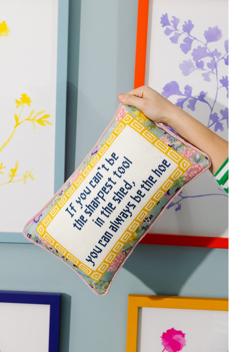 Furbish Sharpest Tool Needlepoint Pillow, Alternate, color, Coral Pink, Yellow, Ivory