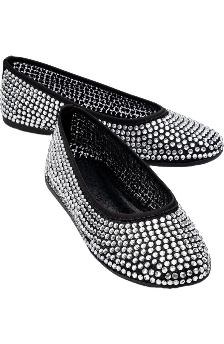 Prologue Shoes Runway Mesh Embellished Ballet Flat, Main, color, Black Faux Leather
