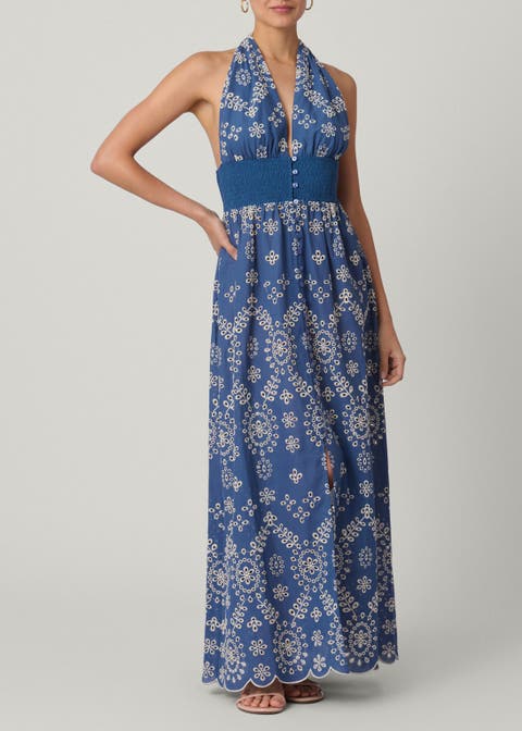 Halter Embroidered Chambray Maxi Cover Up