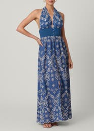 Shoshanna Halter Embroidered Chambray Maxi Cover Up