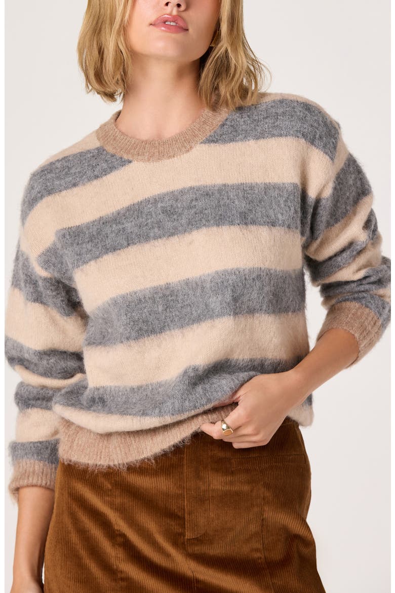 Fuzzy Stripe Crewneck Sweater, Main, color, GREY TAN