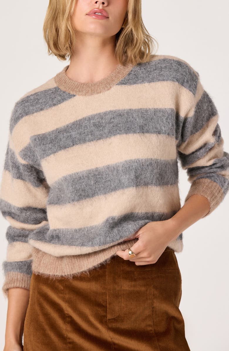 ASTR the Label Fuzzy Stripe Crewneck Sweater, Main, color, Grey Tan
