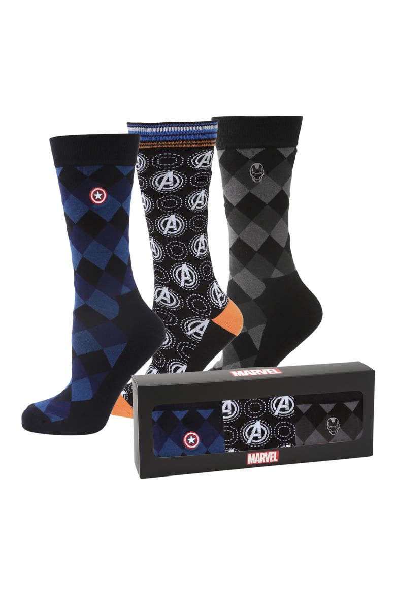 Marvel 3-Pack Argyle Crew Socks & Lapel Pin Set, Alternate, color, BLACK MULTI