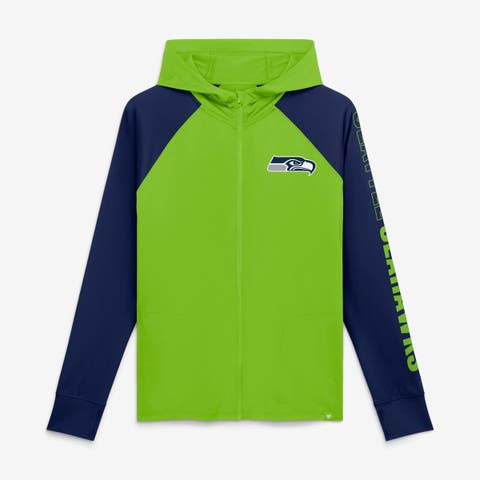 Women's Fanatics Neon Green/College Navy Seattle Seahawks Cornerback Blitz​ Raglan Full-Zip Hoodie