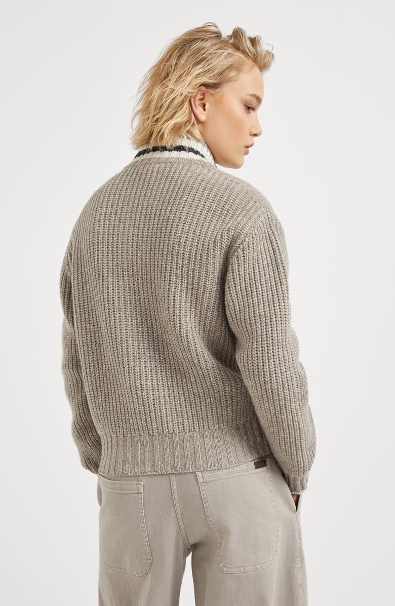 Brunello Cucinelli Cashmere Feather yarn English rib knit cardigan with shiny trims, Alternate, color, 