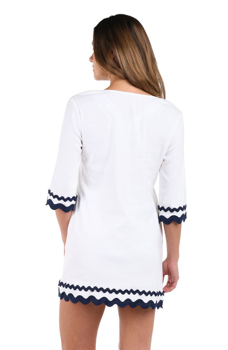 La Blanca Scallop Trim V-Neck Linen Blend Cover-Up Tunic, Alternate, color, White