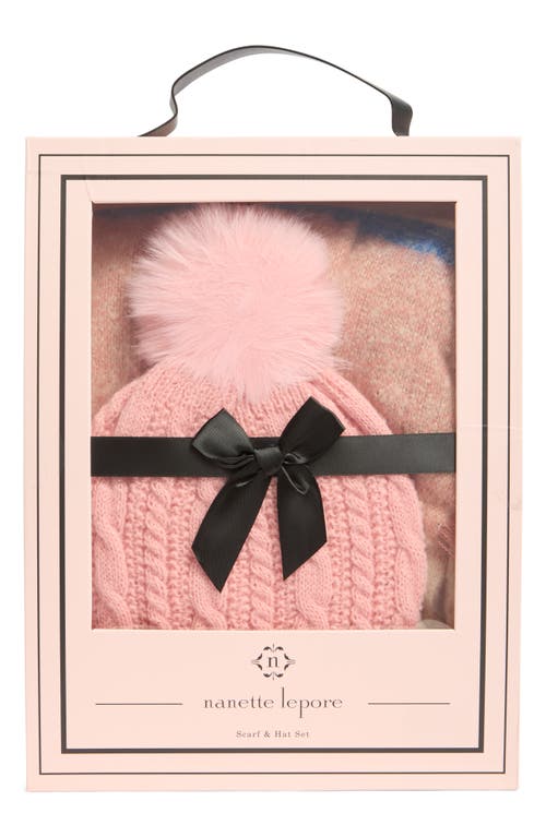 Nanette Lepore Faux Fur Pompom Beanie & Scarf Set In Pink