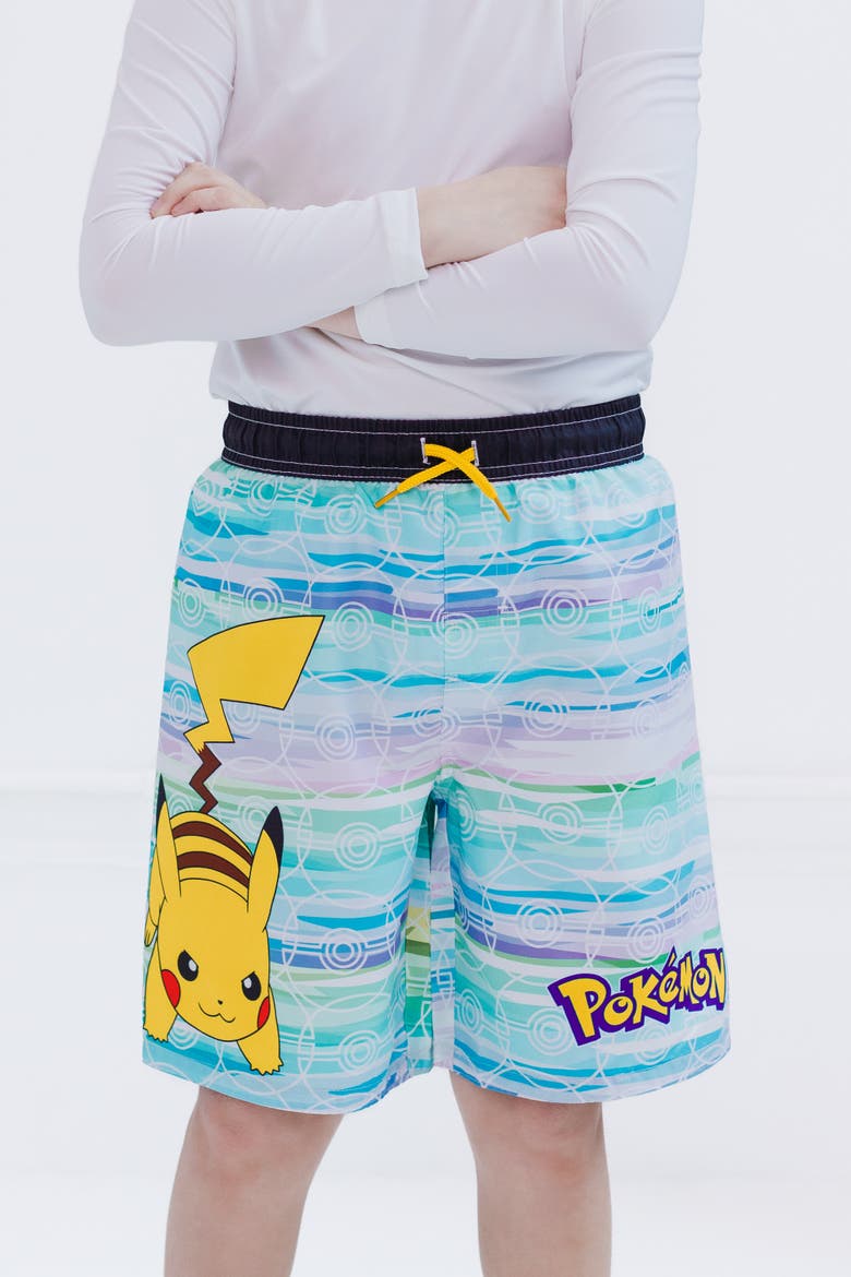Swimwear Bathing Suit Swim Trunks UPF 50+, Alternate, color, Pikachu Blue Multi
