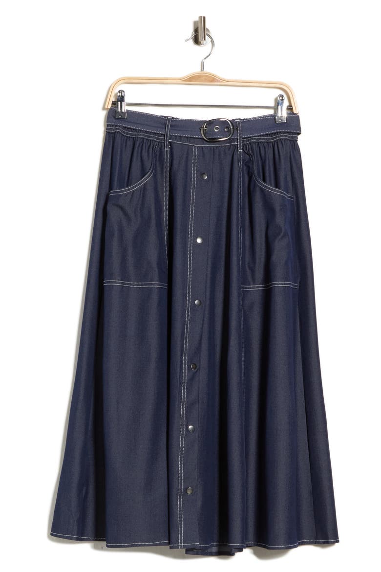 Topstitched Belted Chambray Skirt, Alternate, color, WASHED DENIM/ CREAM