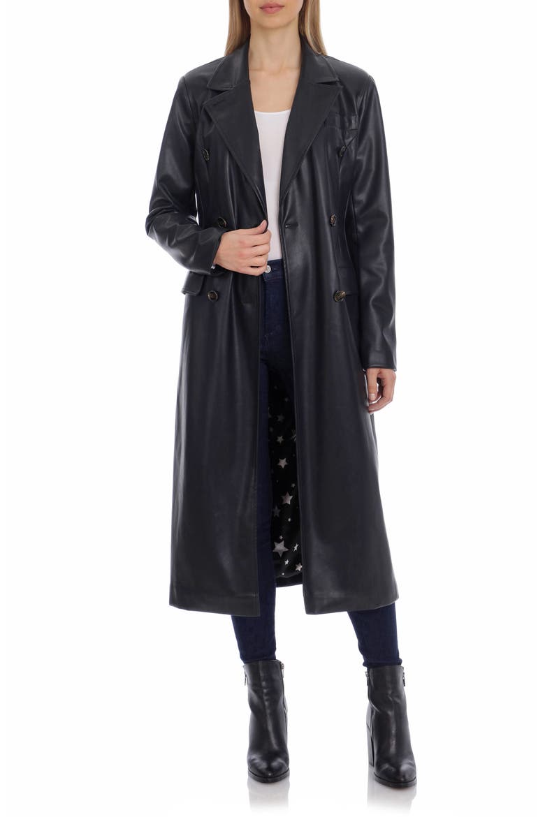 Double Breasted Faux Leather Trench Coat, Main, color, BLACK