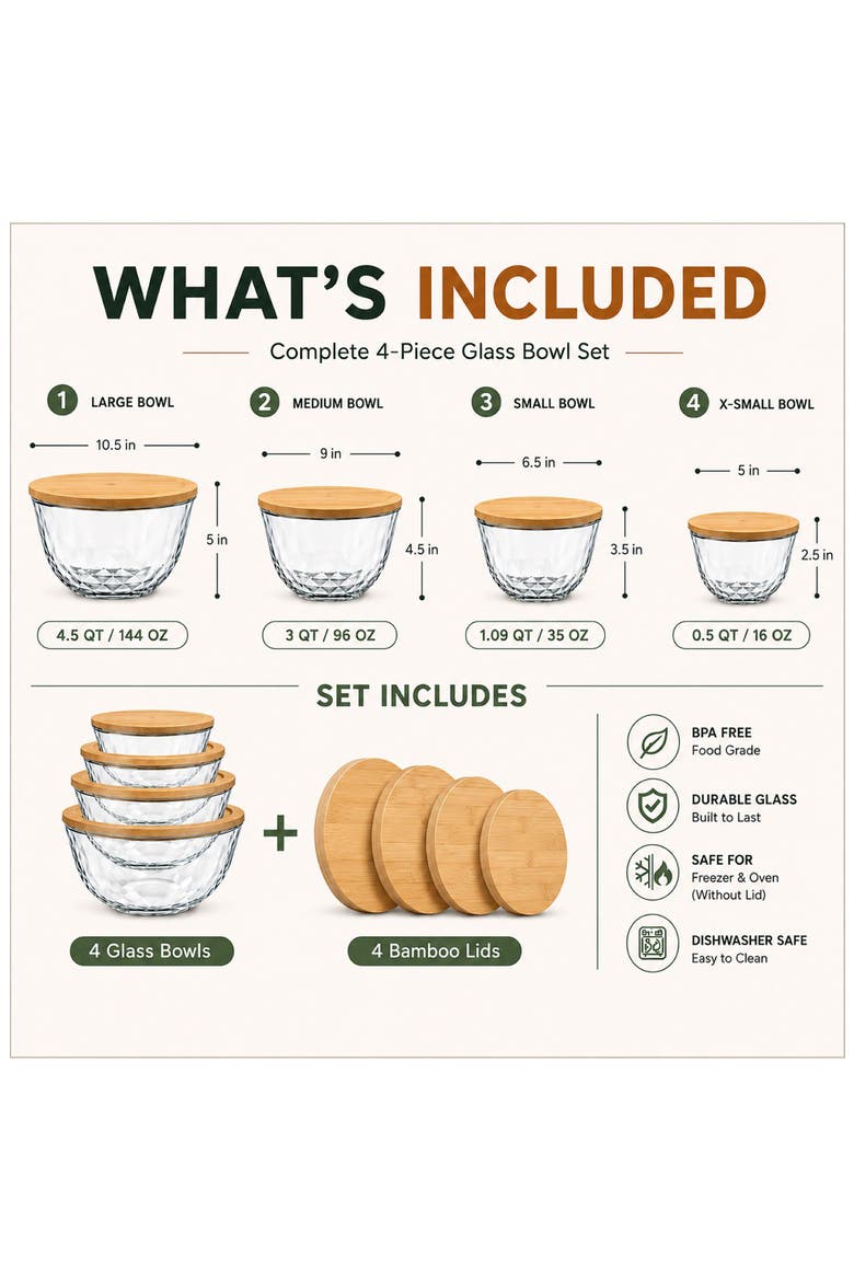 4-Piece Diamond Textured Mixing Bowl Set with Bamboo Lids, Alternate, color, NO COLOR