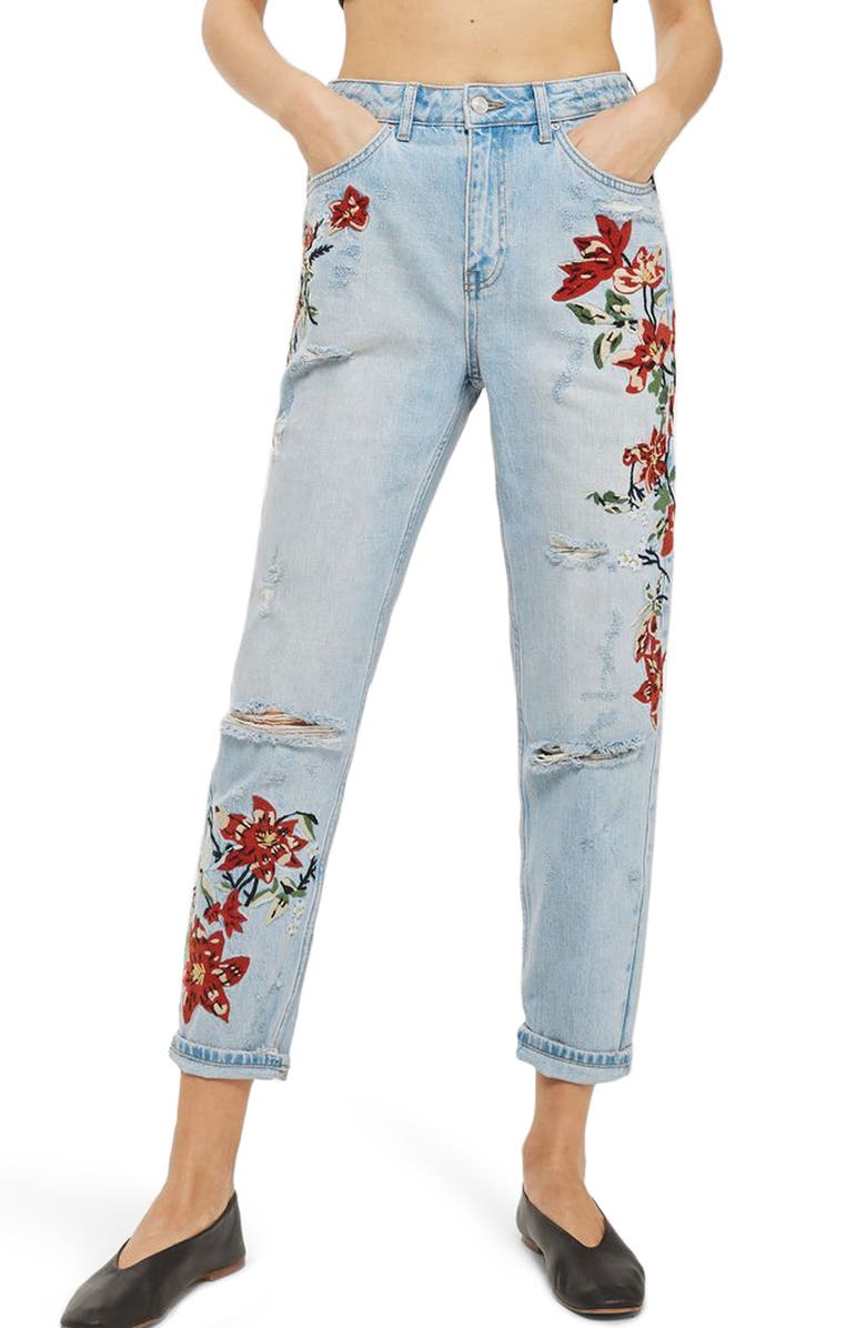 Topshop Fire Flower High Rise Ripped Mom Jeans, Main, color, 
