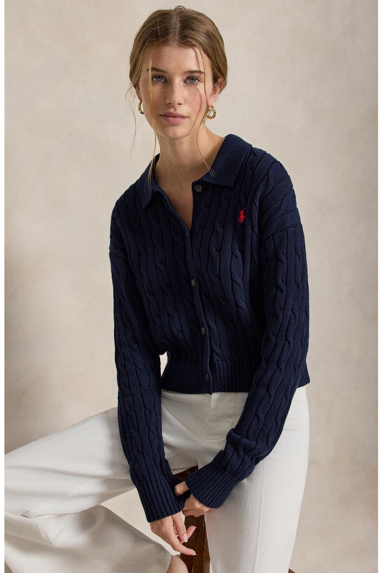 Cable Cotton Polo Collar Cardigan, Alternate, color, HUNTER NAVY