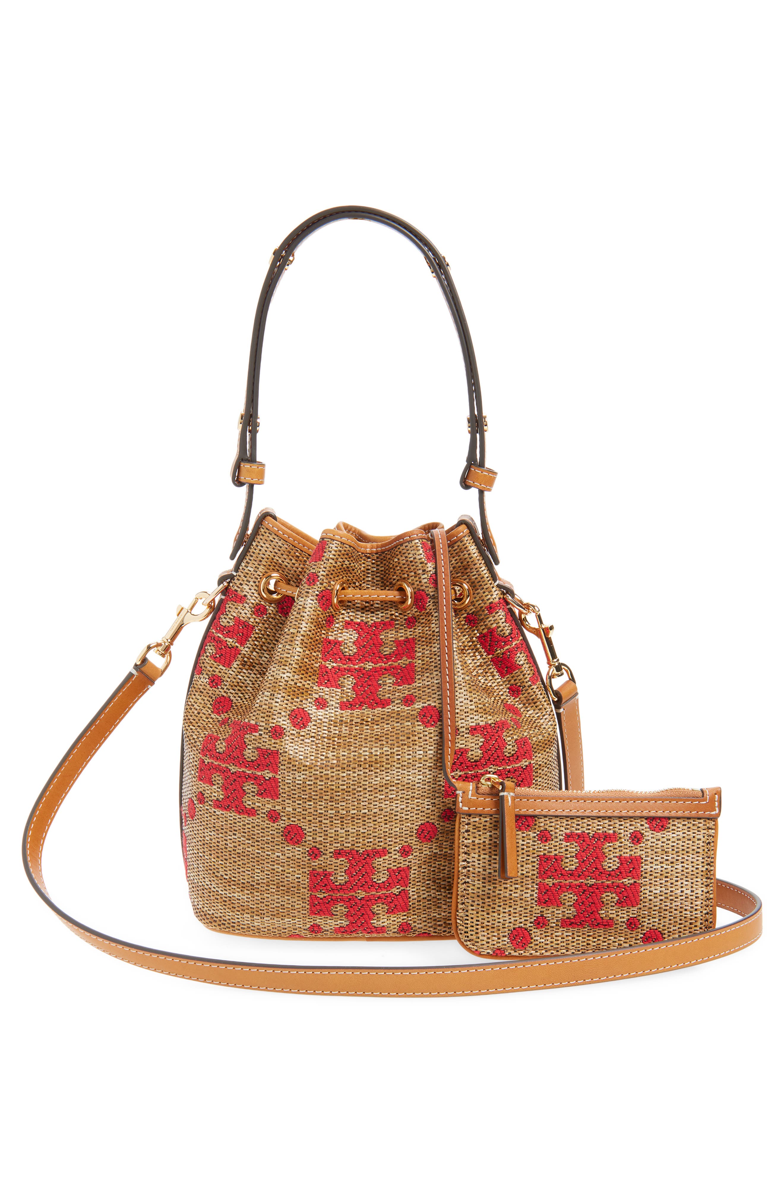 Tory Burch T Monogram Straw Bucket Bag, Alternate, color, Natural