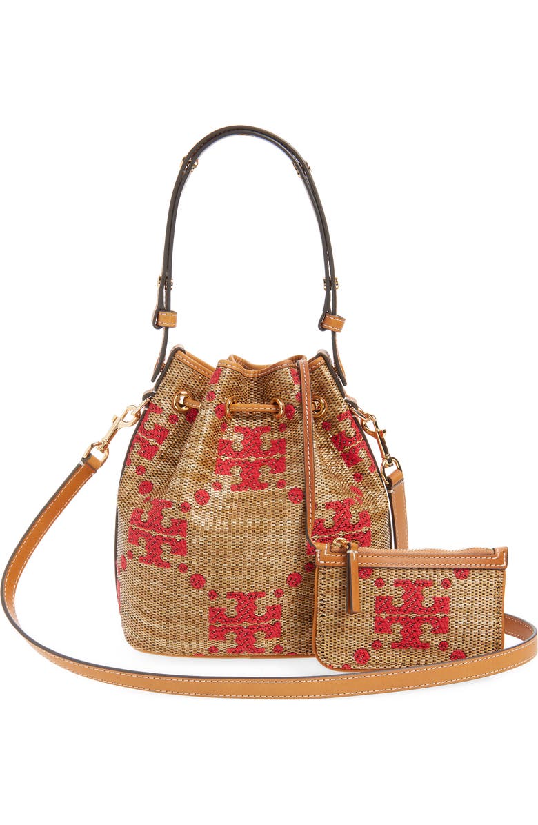 Tory Burch T Monogram Straw Bucket Bag, Alternate, color, Natural