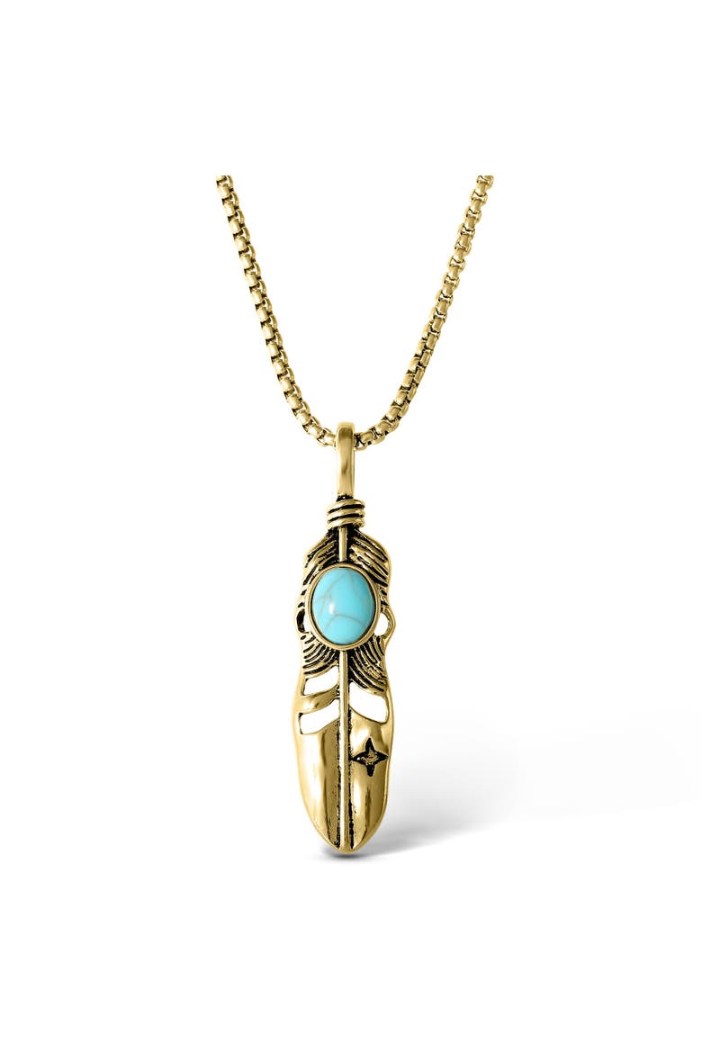 Women's Feather Necklace with Turquoise Stone in Gold, Main, color, Gold, turquoise