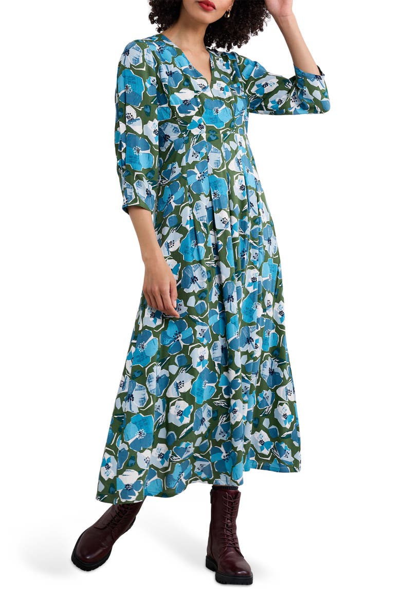 Etta Floral Pleated Midi Dress, Main, color, PAPER HELLEBORES FOREST GREEN
