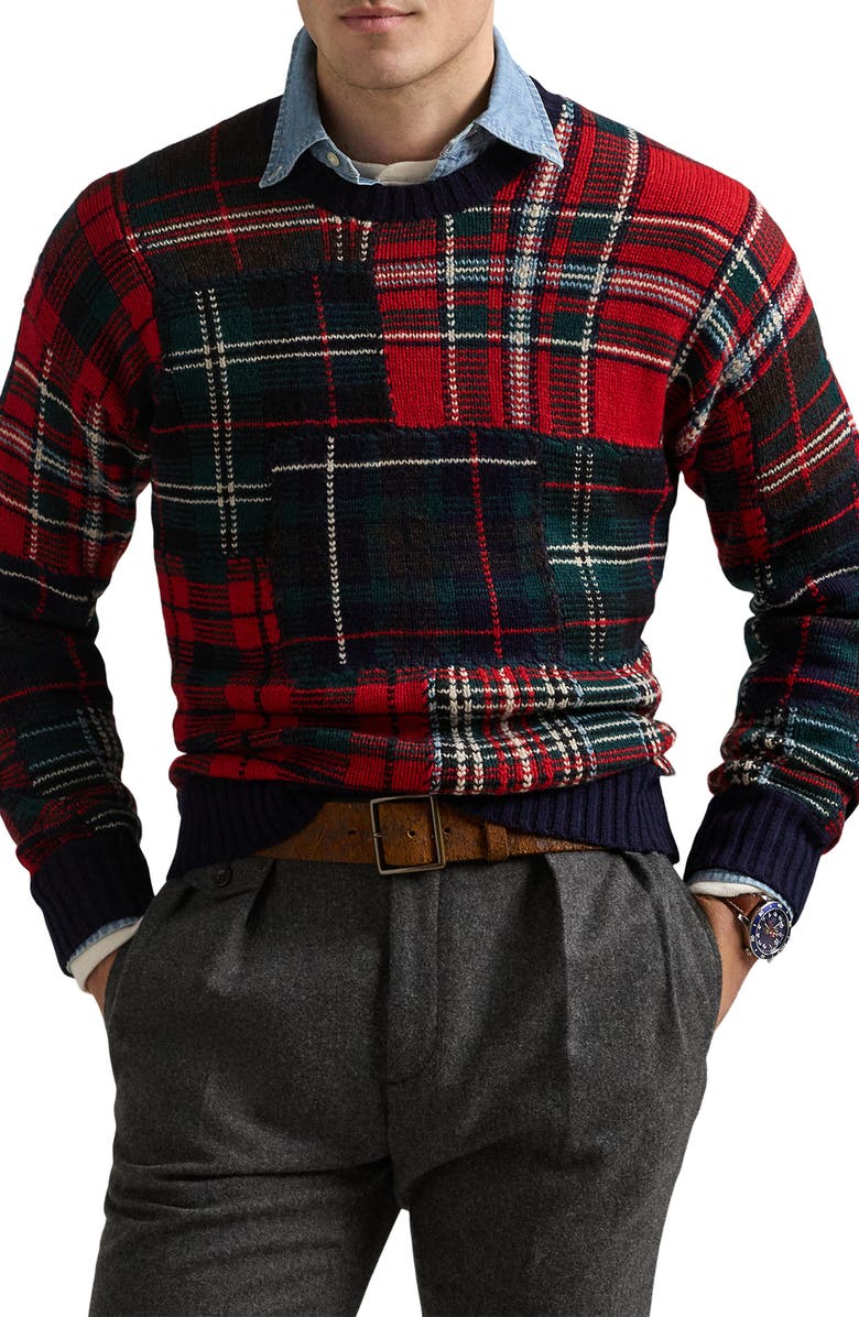 Polo Ralph Lauren Patchwork Plaid Wool Blend Sweater, Main, color, Navy Combo