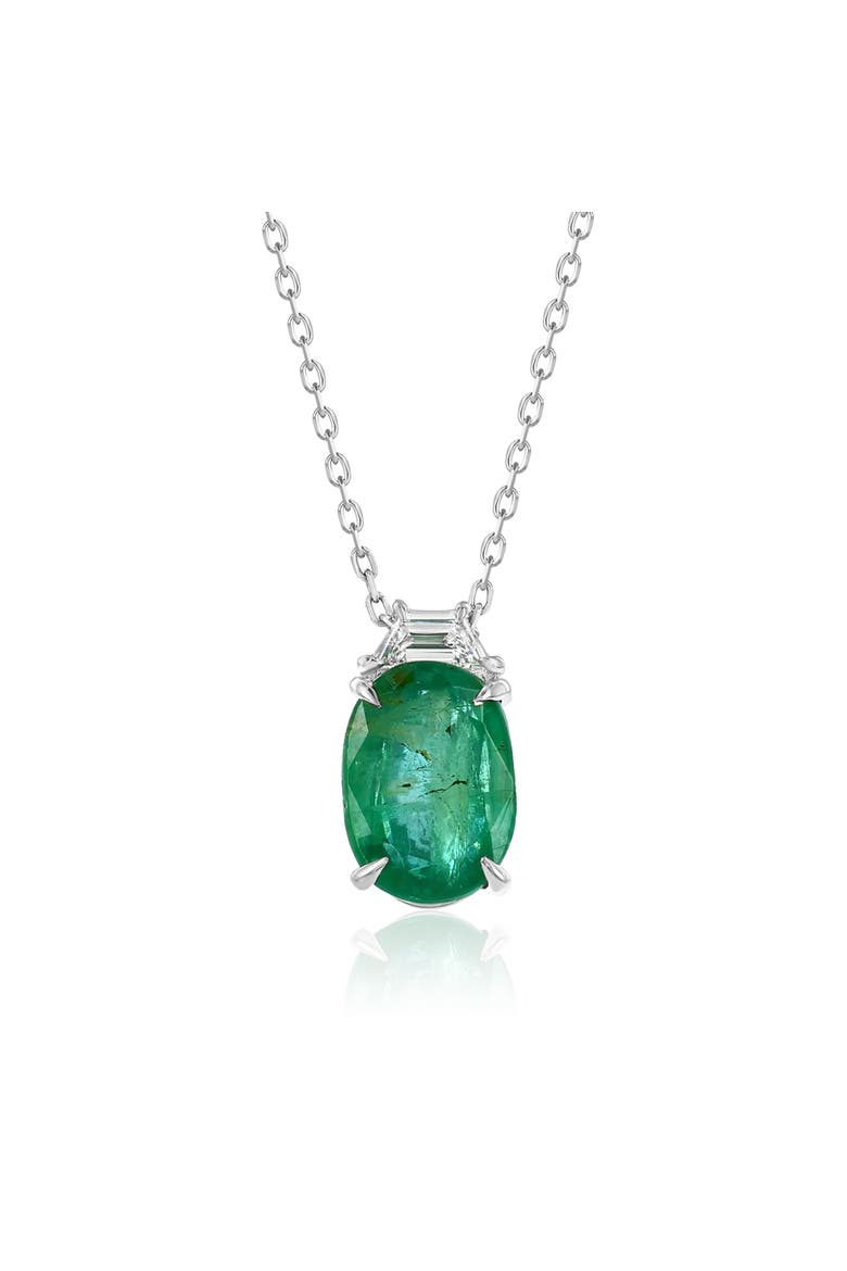 14K Gold 2.69cttw Oval-Cut Emerald & 0.12cttw Trapezoid-Cut White Diamond Pendant Necklace, Main, color, Green