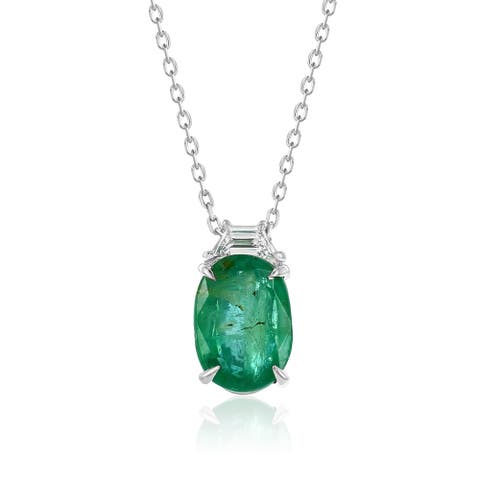 14K Gold 2.69cttw Oval-Cut Emerald & 0.12cttw Trapezoid-Cut White Diamond Pendant Necklace