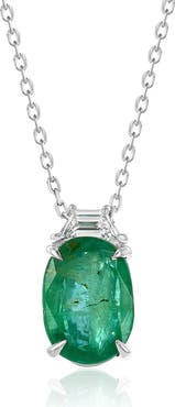 SOUZANA by Suzy Levian 14K Gold 2.69cttw Oval-Cut Emerald & 0.12cttw Trapezoid-Cut White Diamond Pendant Necklace