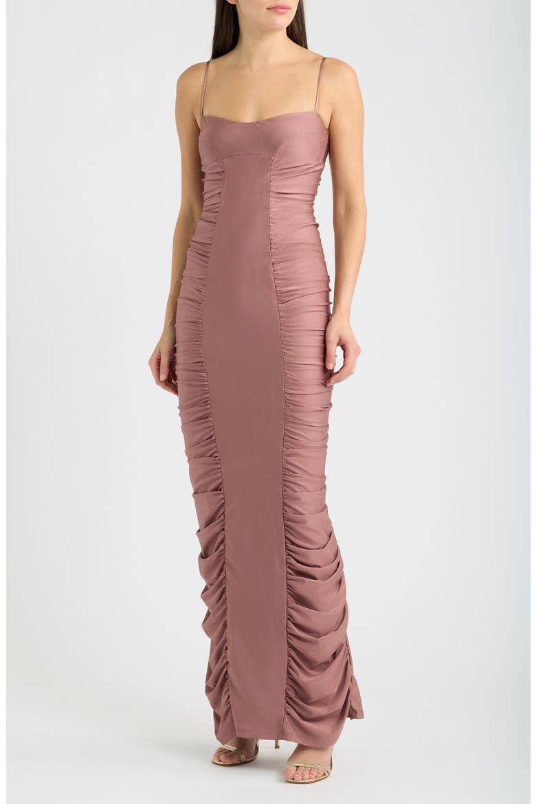 Amoria Stretch Satin Body-Con Gown, Main, color, DUSK