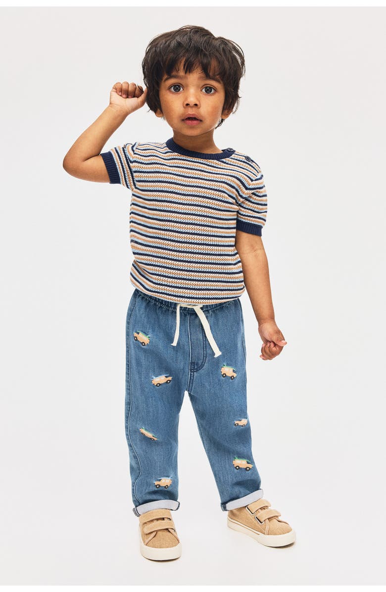 H&M Embroidered-detail denim joggers, Main, color, Denim Blue/Cars