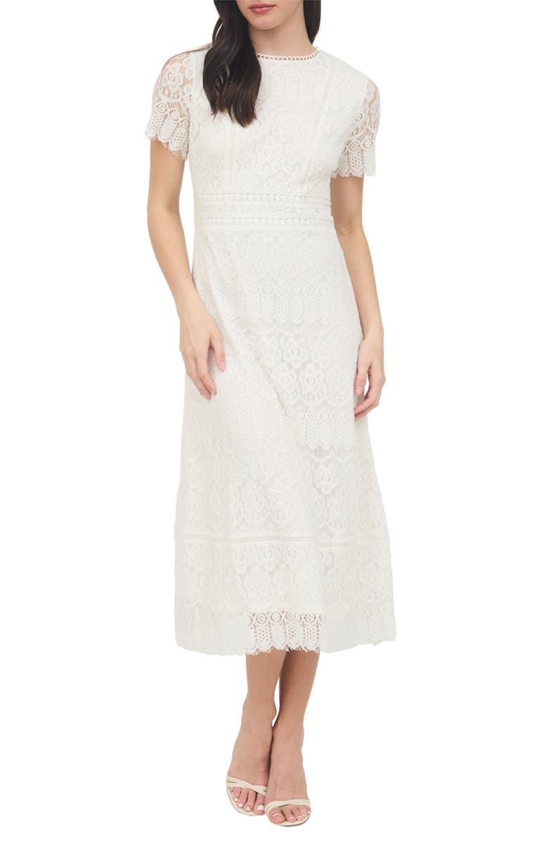 AUGUST SKY Scalloped Lace Midi Dress, Main, color, Off White