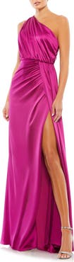 Mac Duggal Gathered One Shoulder Satin Faux Wrap Gown