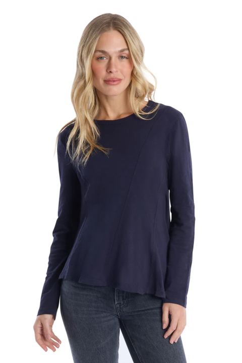 Round Neck Long Sleeve Tee with Asymmetric Hem & Body Seams