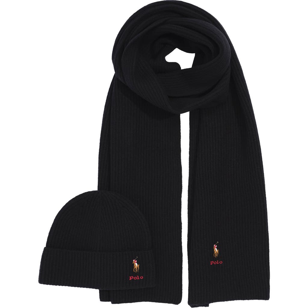 Polo Ralph Lauren Pony Merino Wool Hat & Scarf Set In Gold
