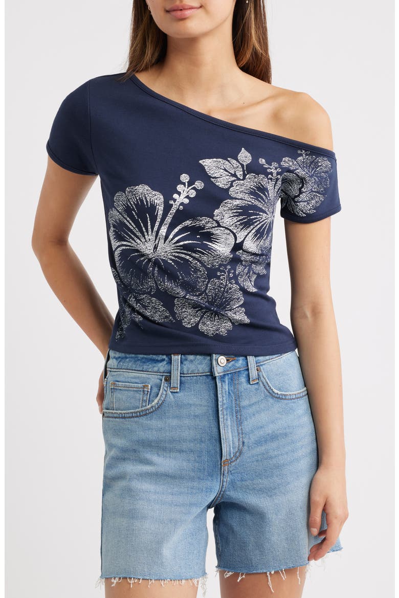 Hibiscus Off the Shoulder T-Shirt, Main, color, NAVY