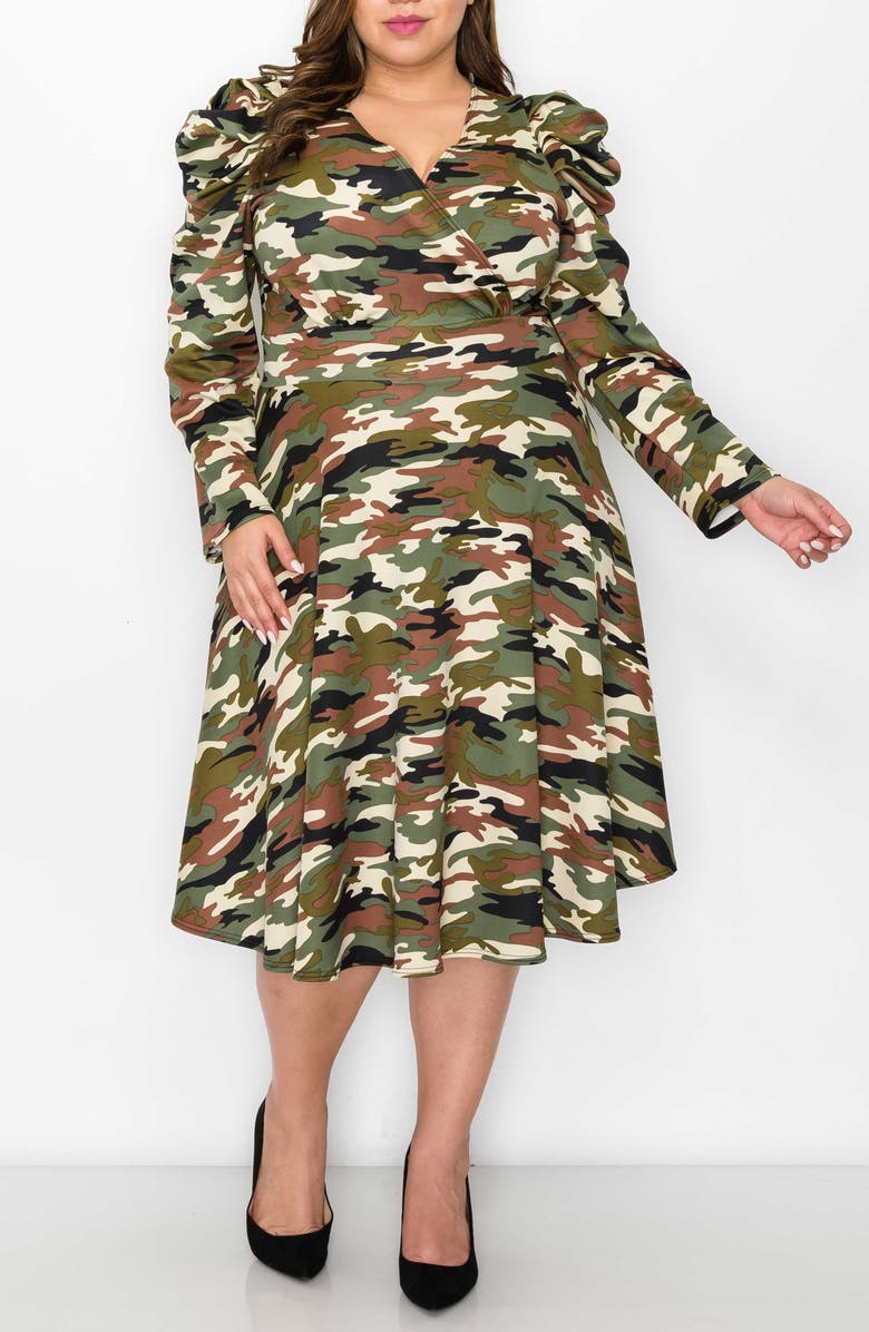 L I V D Statement Shoulder Long Sleeve Stretch Fit & Flare Dress, Alternate, color, Camo