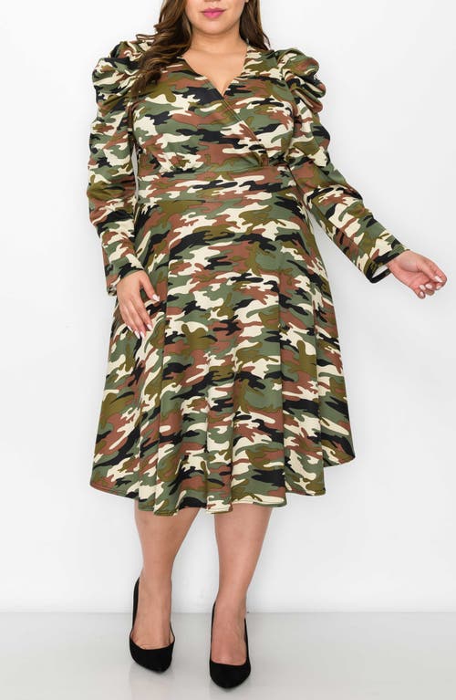 L I V D Statement Shoulder Long Sleeve Stretch Fit & Flare Dress In Camo