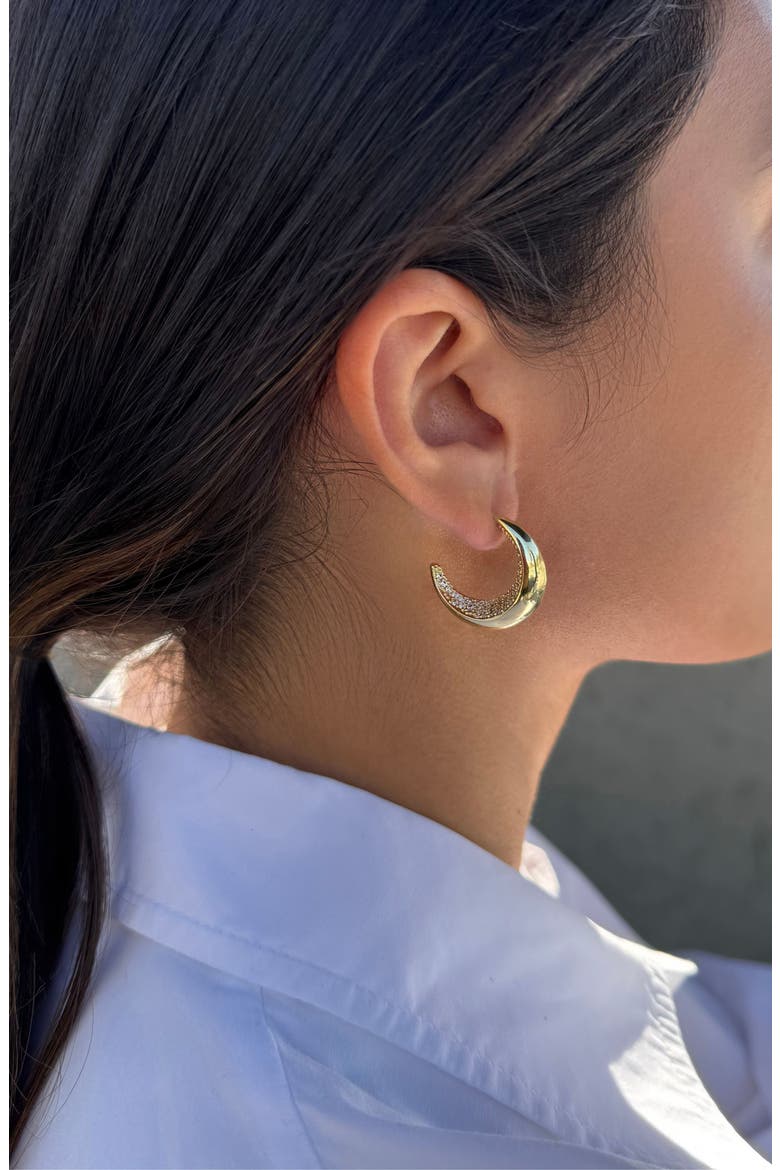 Pavé Crystal Lined Crescent Hoop Earrings, Alternate, color, GOLD