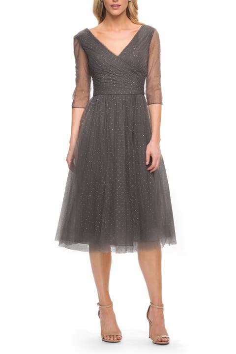 Tea Length Tulle Dress with Beading and Sheer Sleeve