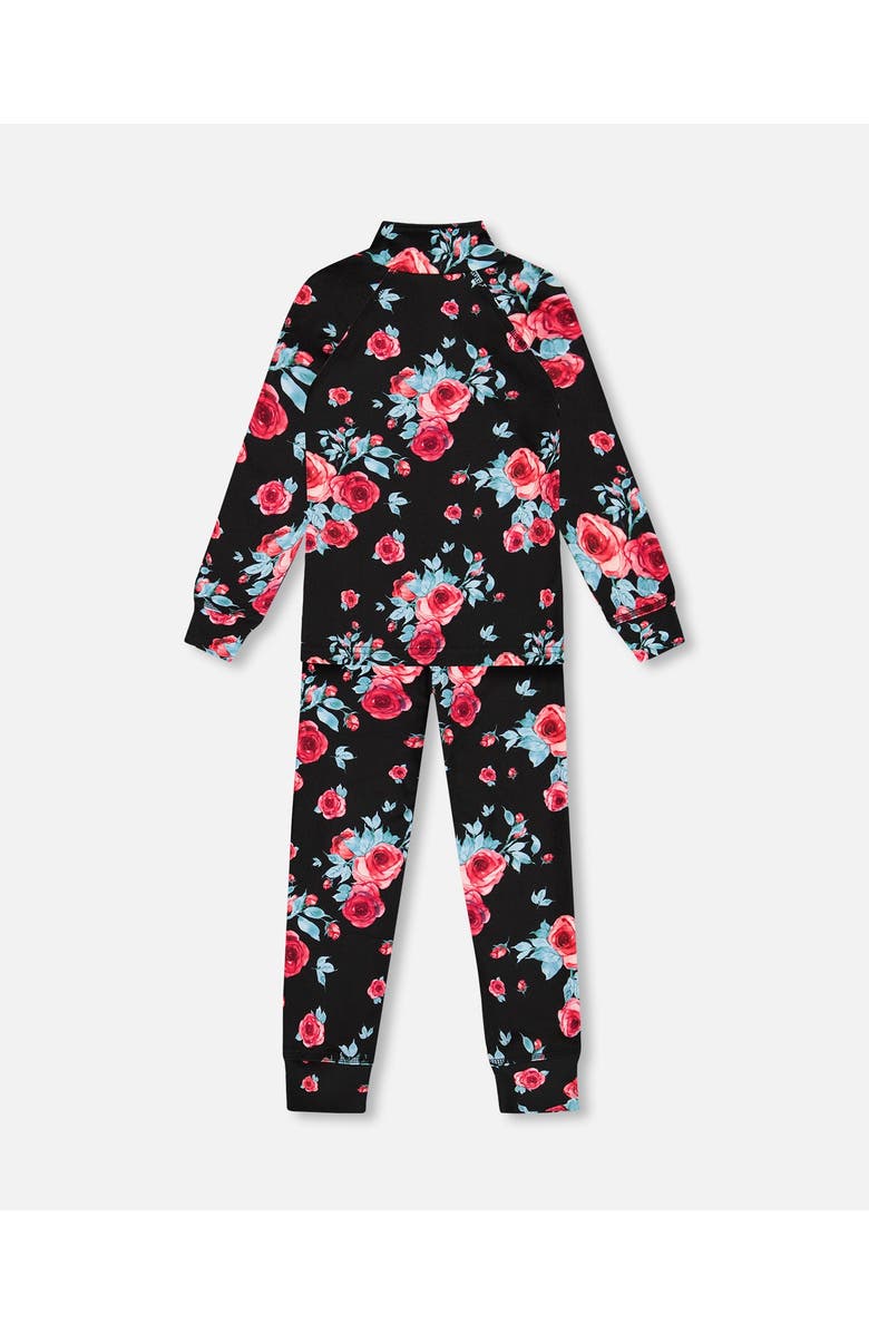 Deux par Deux Girl's Two Piece Thermal Underwear Set Black Printed Roses, Alternate, color,