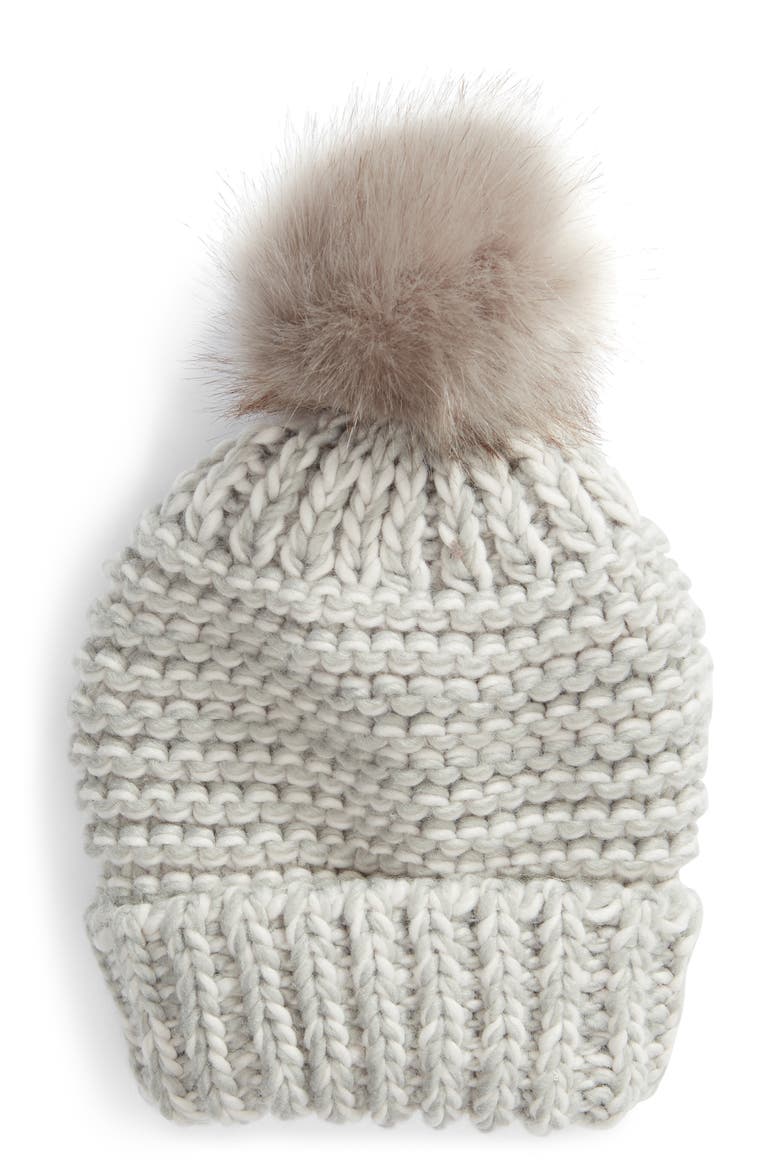 Skyline Faux Fur Pom Beanie, Main, color, GREY