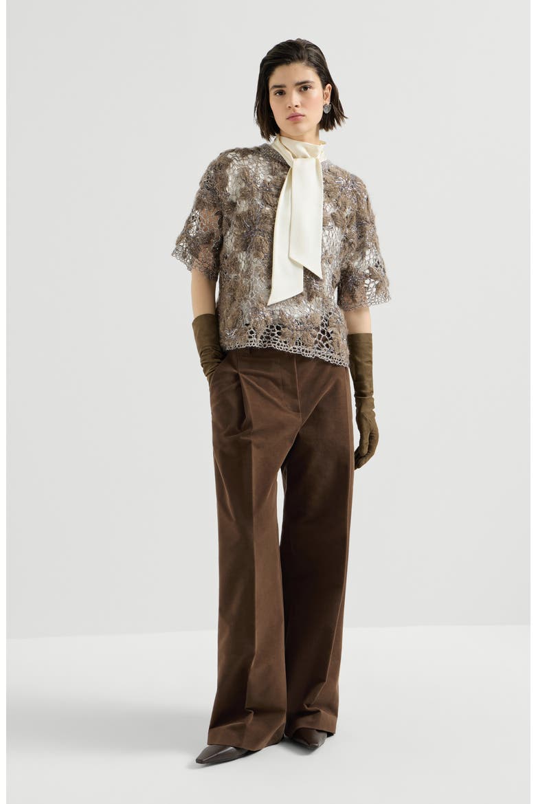 Silk satin high-neck t-shirt with monili, Alternate, color, Fog