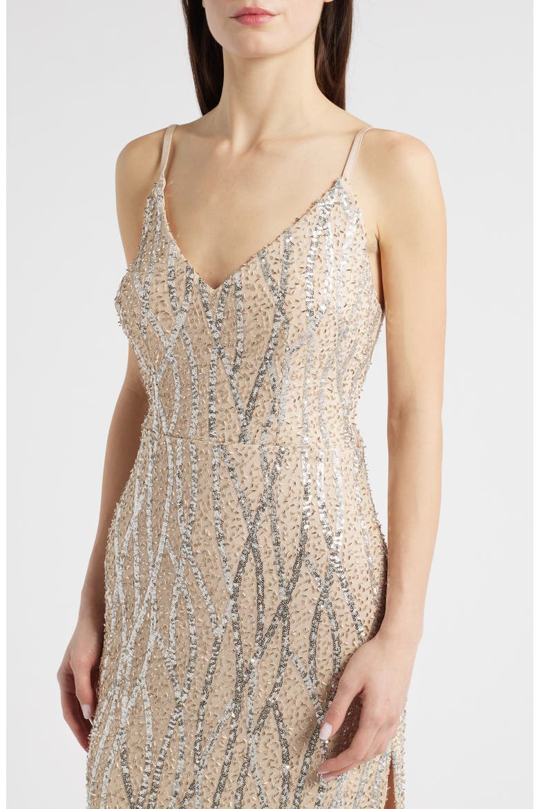 Sequin & Bead Tie Back Gown, Alternate, color, BEIGE