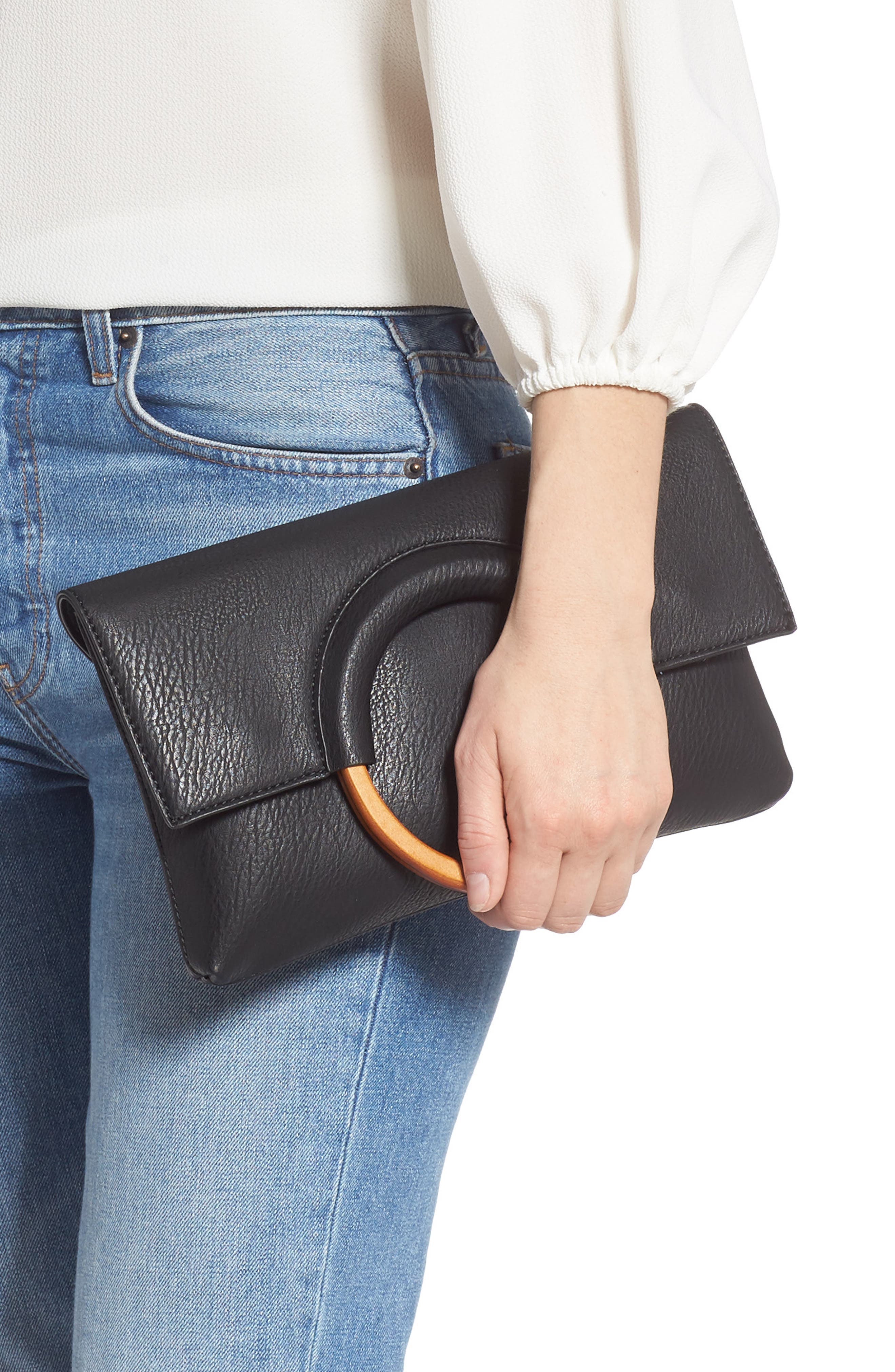 Faux Leather Circle Clutch, Alternate, color, BLACK