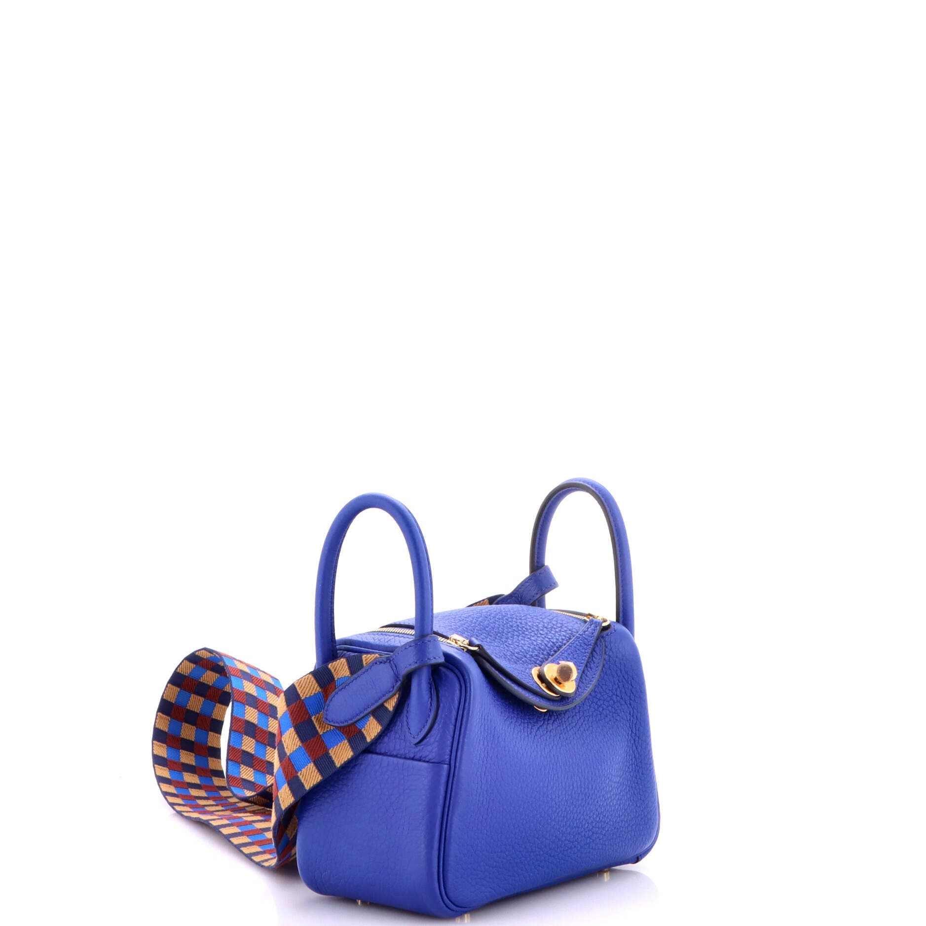 Pre-Owned Hermes Lindy Quadrille Bag Clemence with Canvas Mini, Alternate, color, Bleu Royal