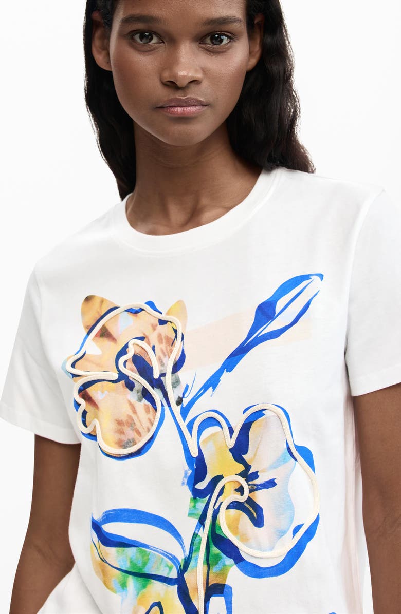 Desigual Floral Cord Embellished Cotton T-Shirt, Alternate, color, White