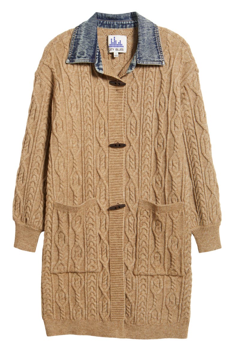 Denim Collar Cable Long Cardigan, Alternate, color, BROWN