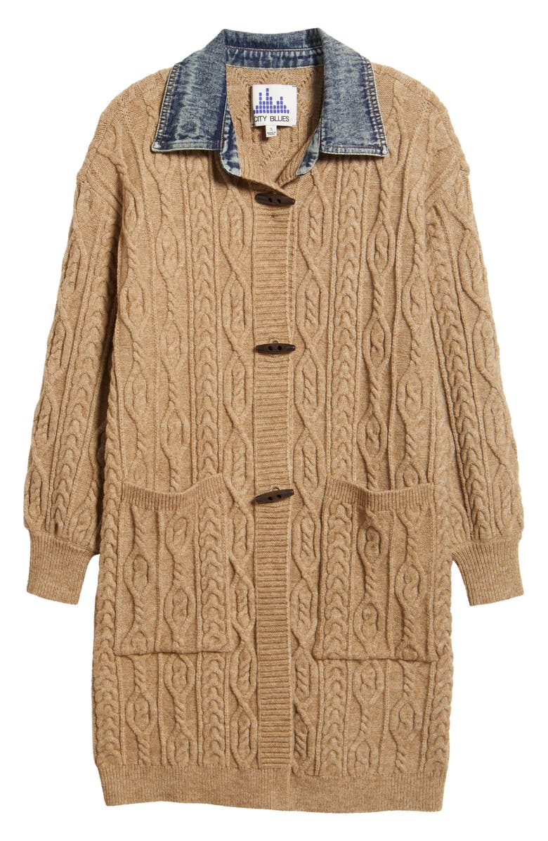 CITY BLUES Denim Collar Cable Long Cardigan, Alternate, color, Brown