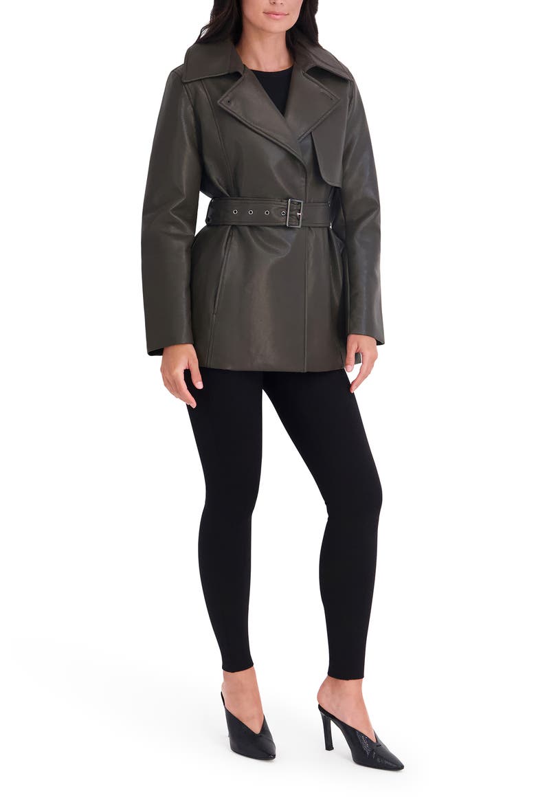 Faux Leather Belted Trench Coat, Alternate, color, OLIVE