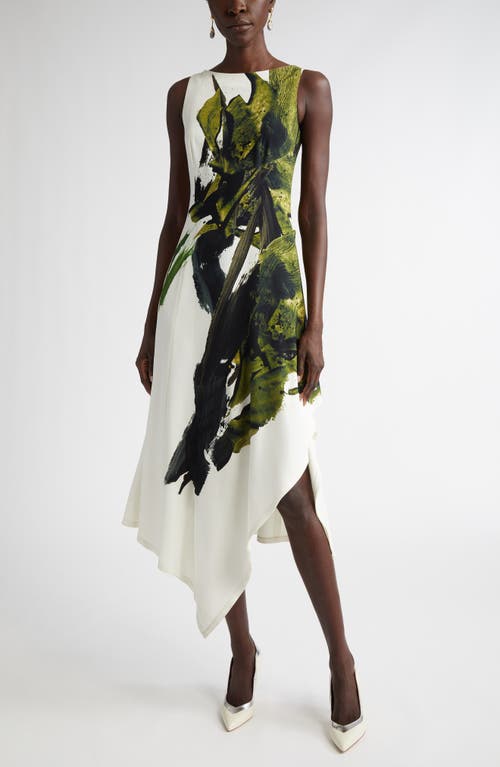 Jason Wu Collection Brushstroke Boatneck Fit-flare Crepe Dress In Chalk/olive Multi
