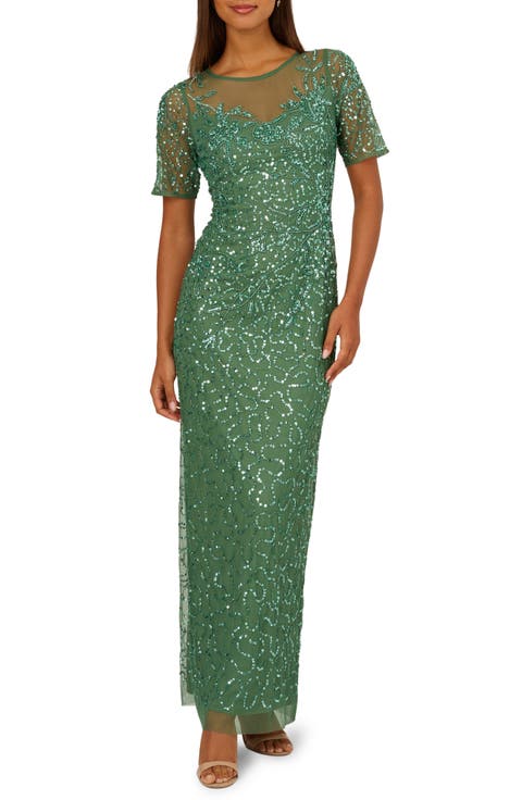 Beaded Mesh Column Gown